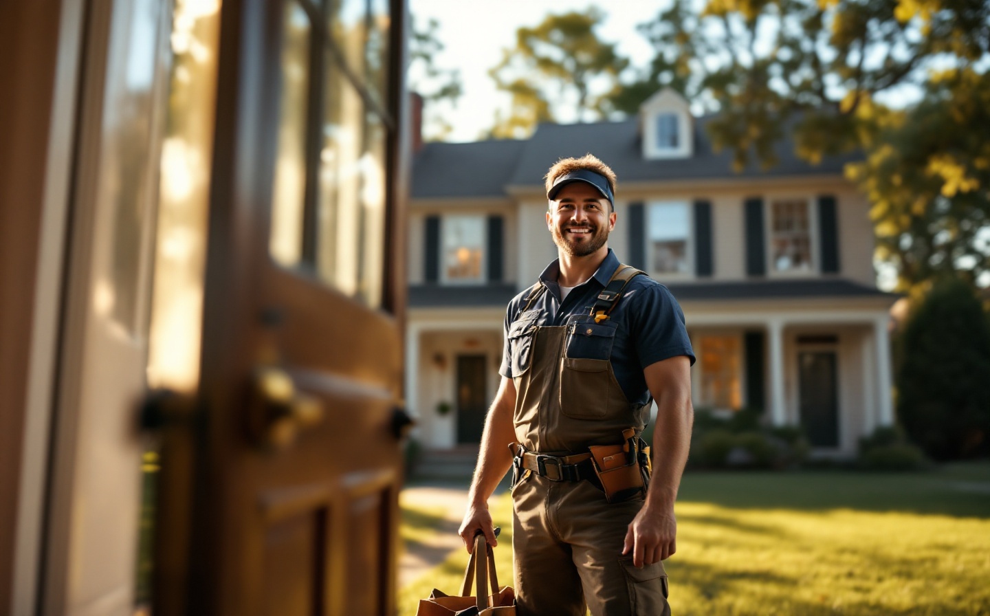 A professional home maintenance technician carefully repairing a kitchen faucet while wearing a uniform and protective eyewear