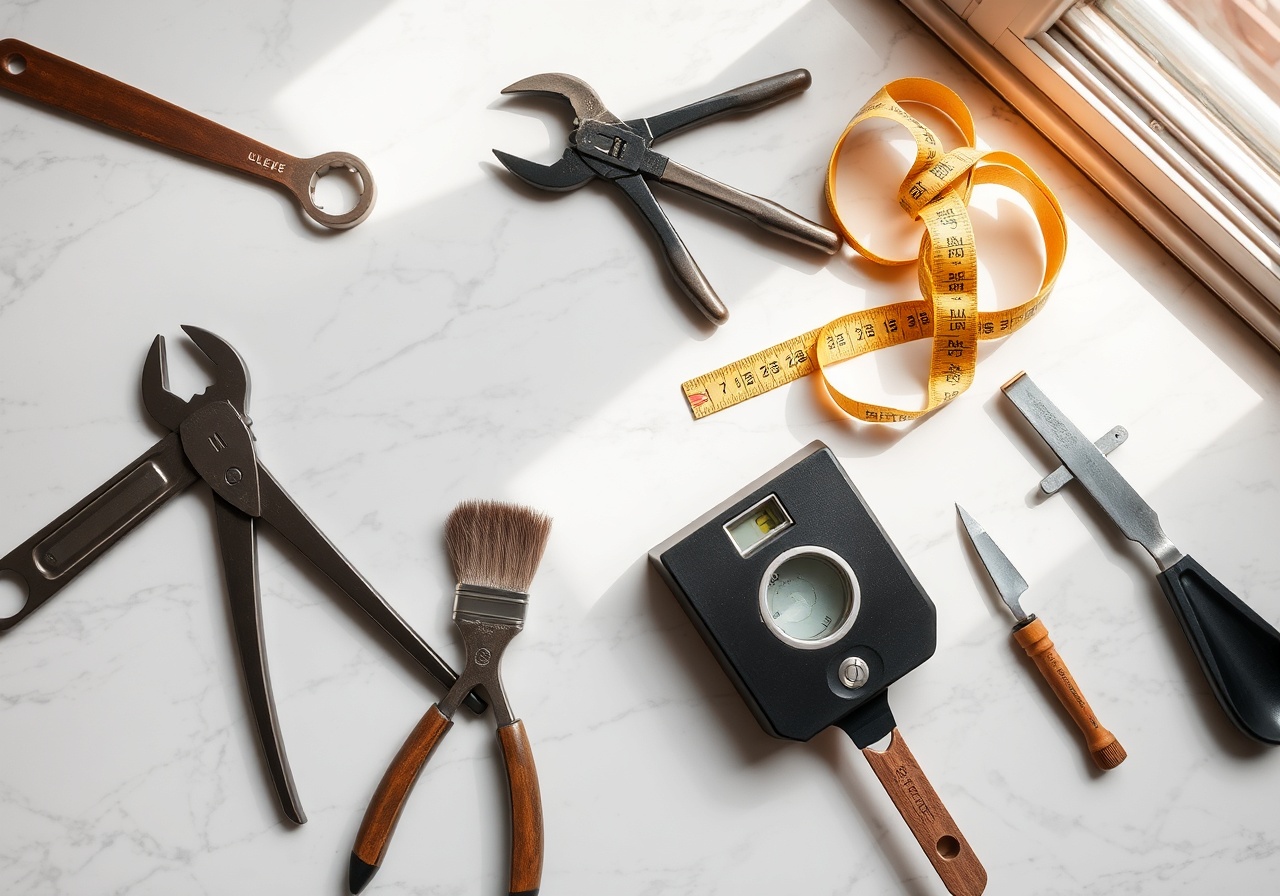 A comprehensive overview of Sensibly service categories including plumbing tools, electrical components, and gardening equipment displayed neatly