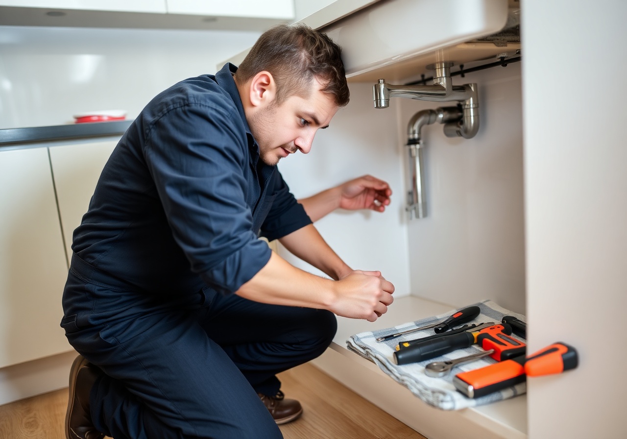 Master plumber repairing a kitchen faucet in a bright modern kitchen