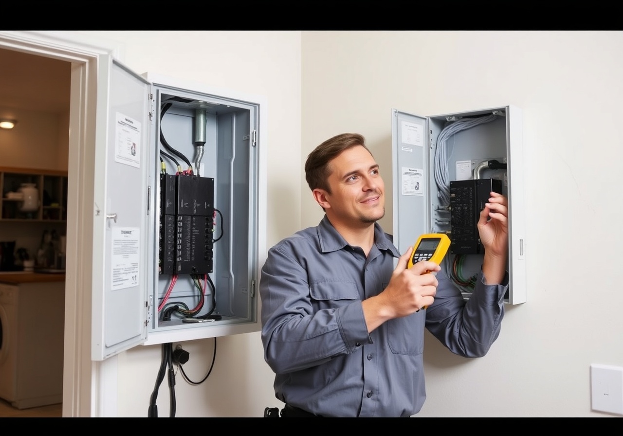 A professional electrician in a utility room inspecting an electrical panel with a flashlight and tools nearby
