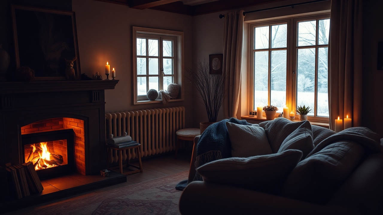 A cozy living room with a fireplace and warm lighting, representing winter comfort