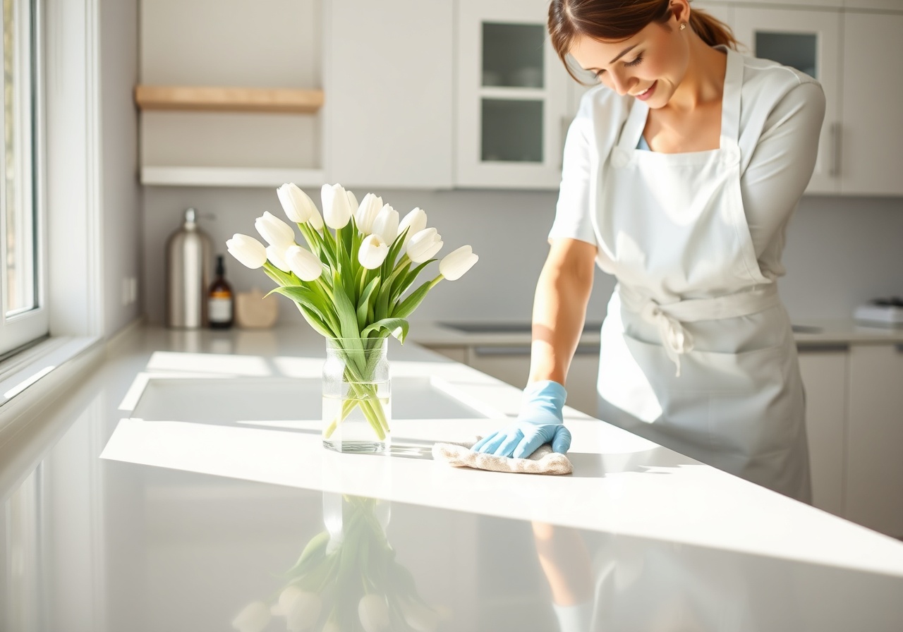 Sunlit living room with fresh flowers on a table, clean surfaces, and a view of a tidy kitchen