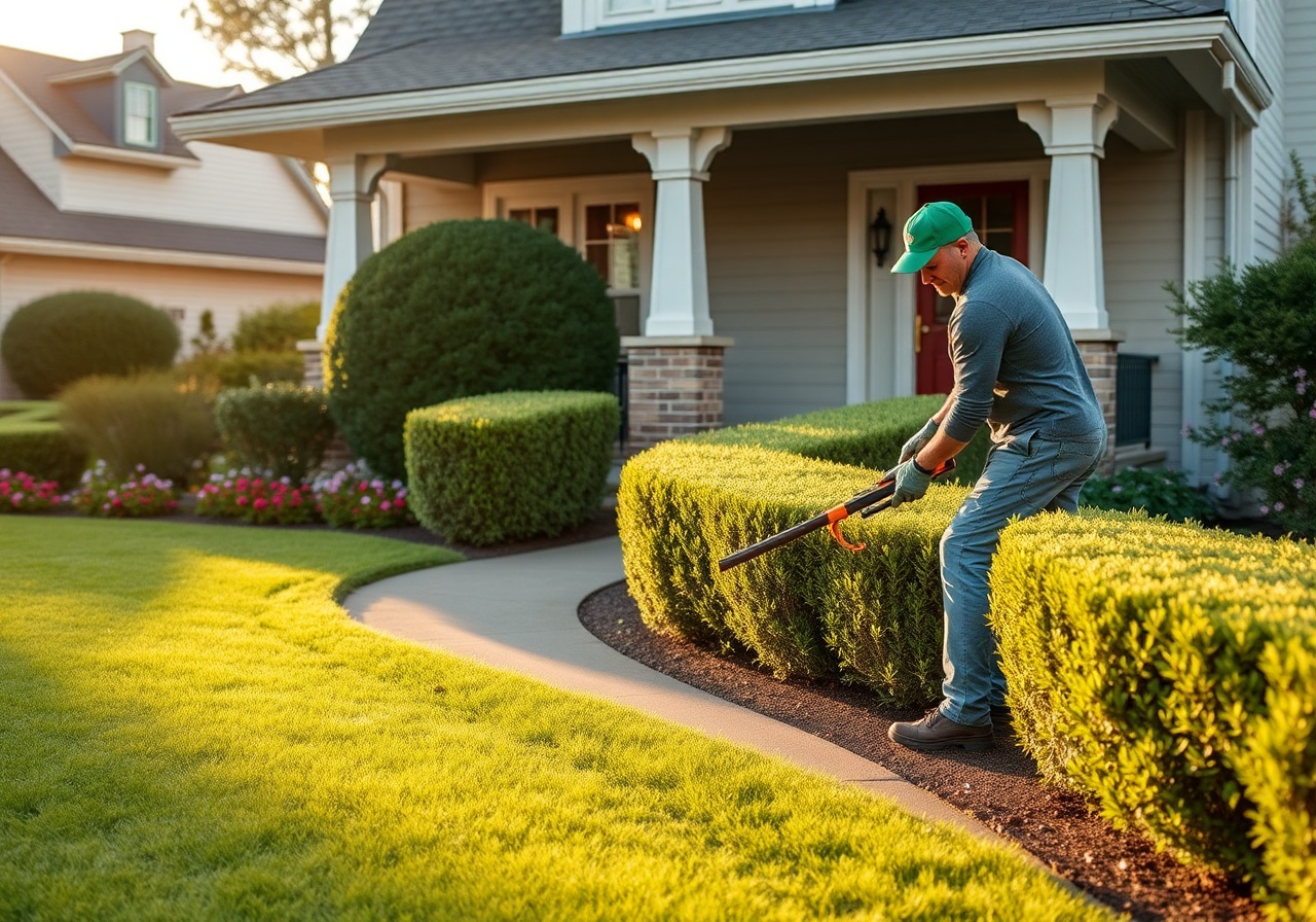 A perfectly manicured lawn with neatly trimmed boxwood hedges in the foreground and a modern patio in the background on a sunny day