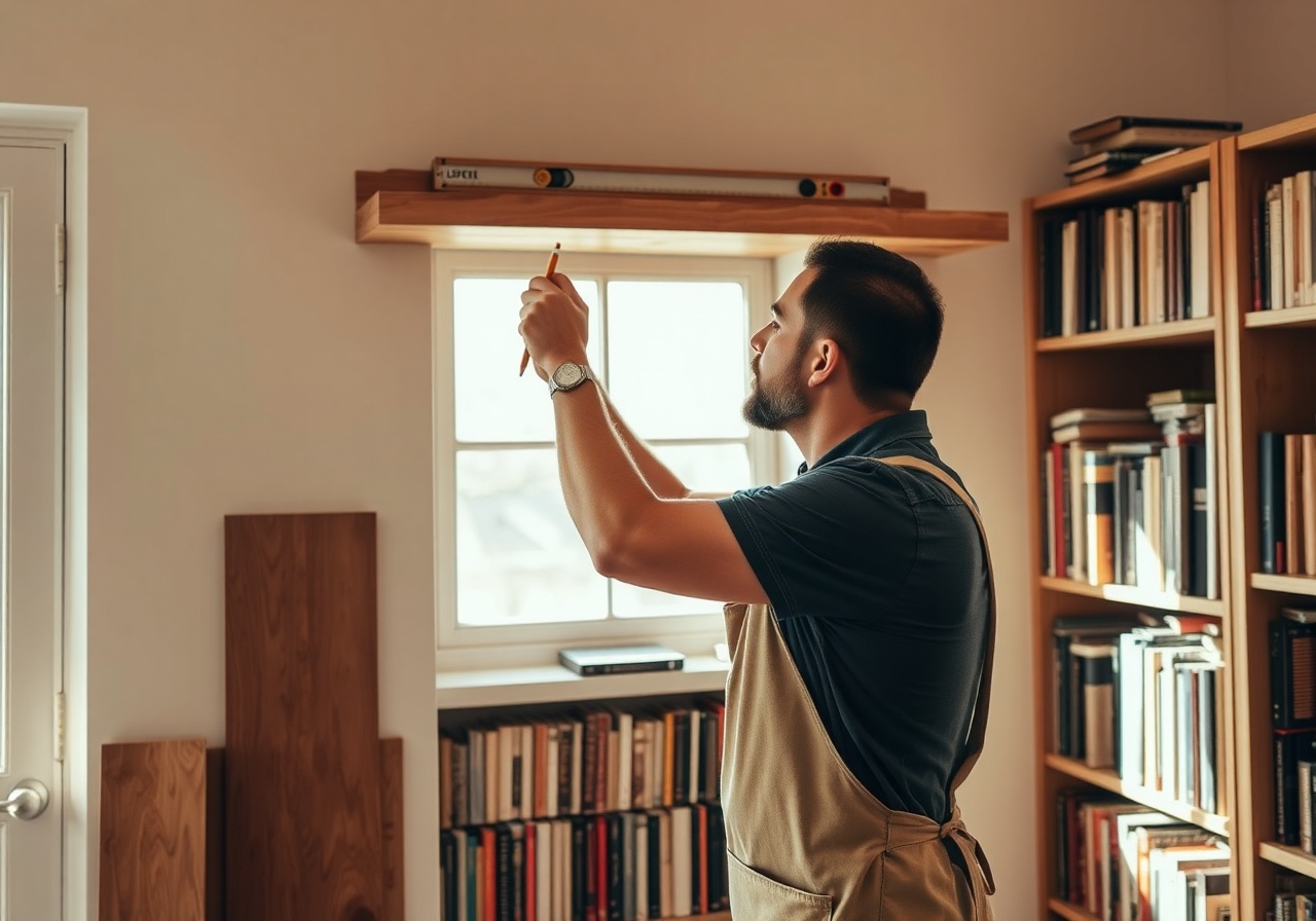 A skilled handyman measuring and fitting custom shelving in a home library, tape measure in hand