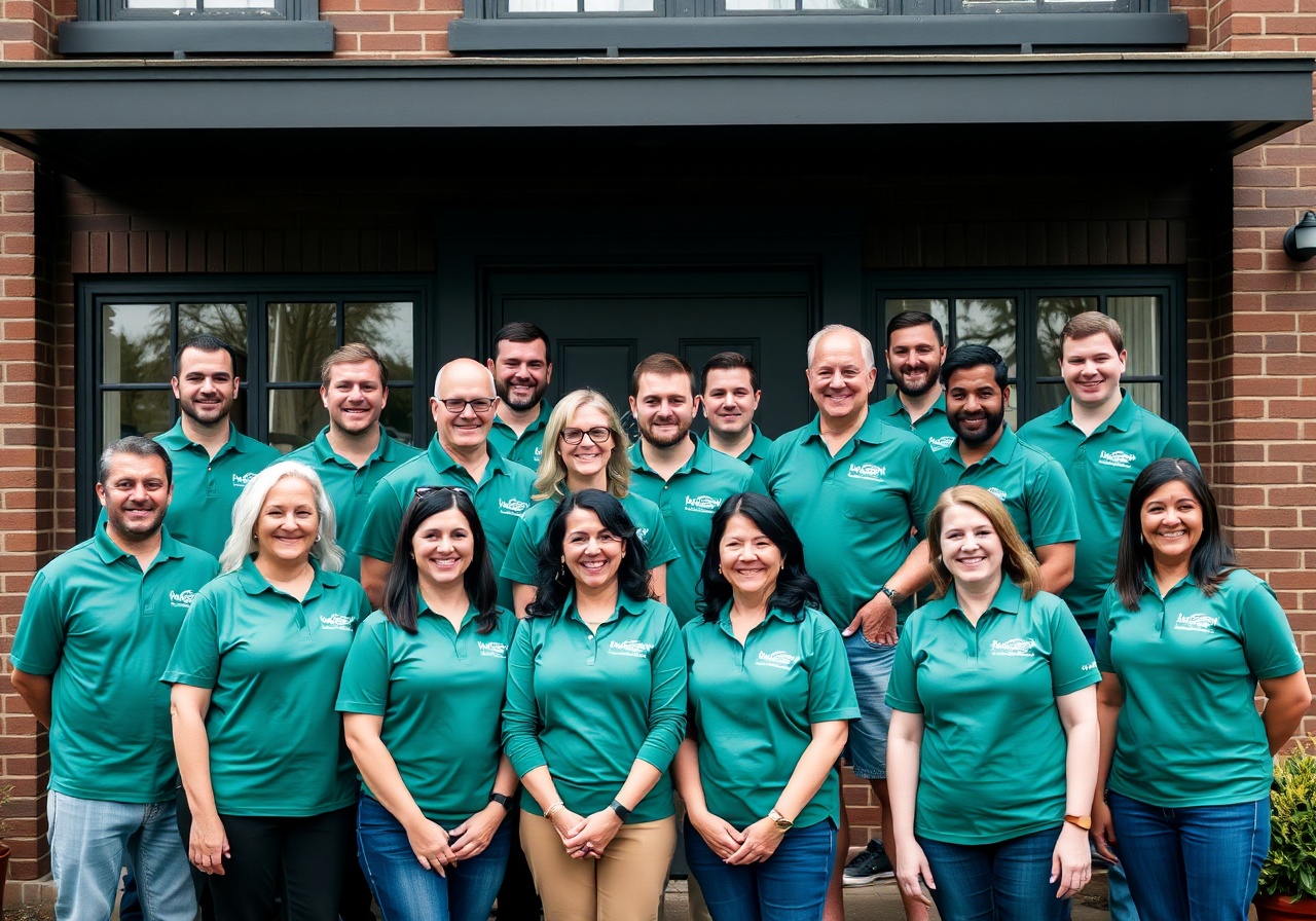 The entire Sensibly team standing outside the brick-front office building, smiling and waving at the camera