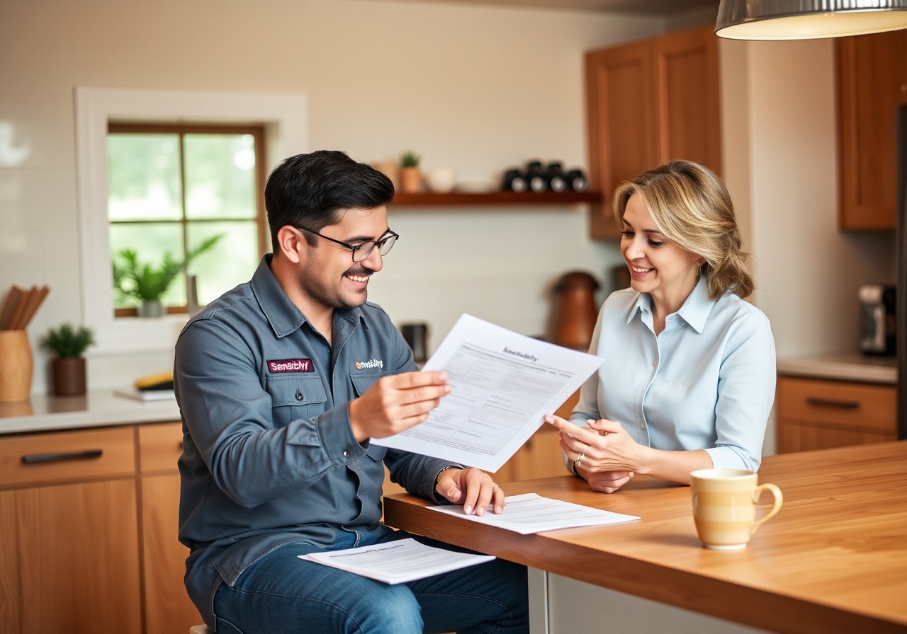 A smiling homeowner reviewing a maintenance checklist with a uniformed technician who is holding a clipboard.