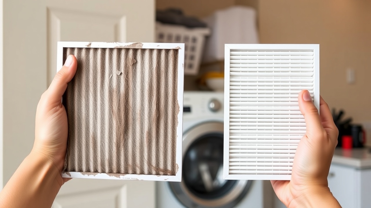 A close up of a new pleated air filter being installed into the slot of a white air handler unit