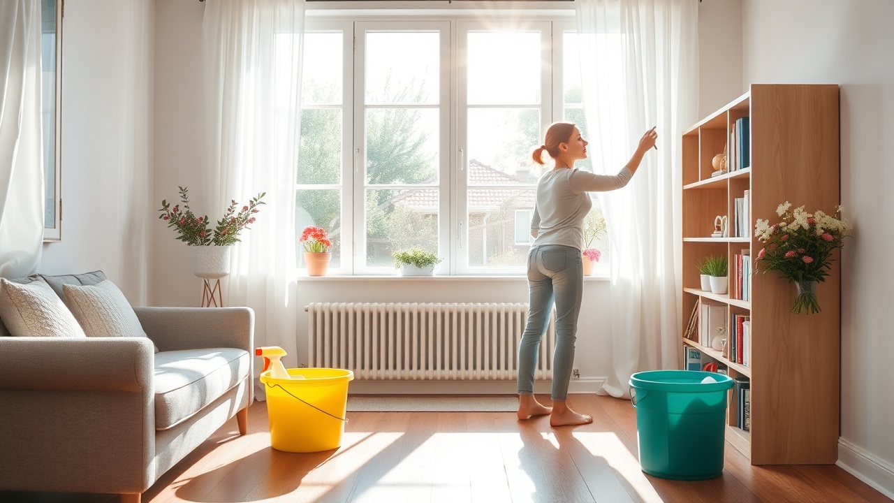 A bright, sunlit living room with windows open and a person dusting a bookshelf