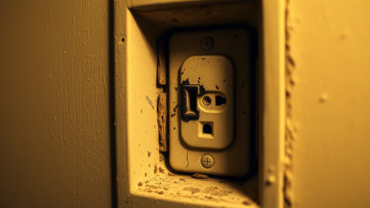 Close up of an electrical outlet showing a burning smell residue